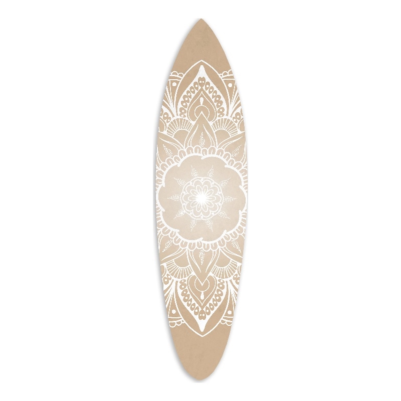 Benjara Wooden Surfboard Wall Art with Medallion Print- Brown and White