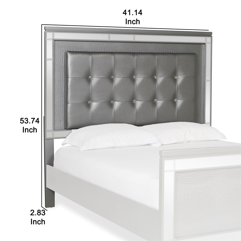 Benjara Faux Crystal Tufted Fabric Twin Headboard with LED Trim- Gray