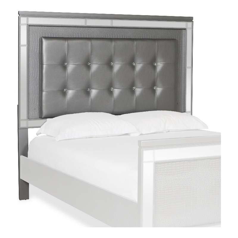 Benjara Faux Crystal Tufted Fabric Twin Headboard with LED Trim- Gray