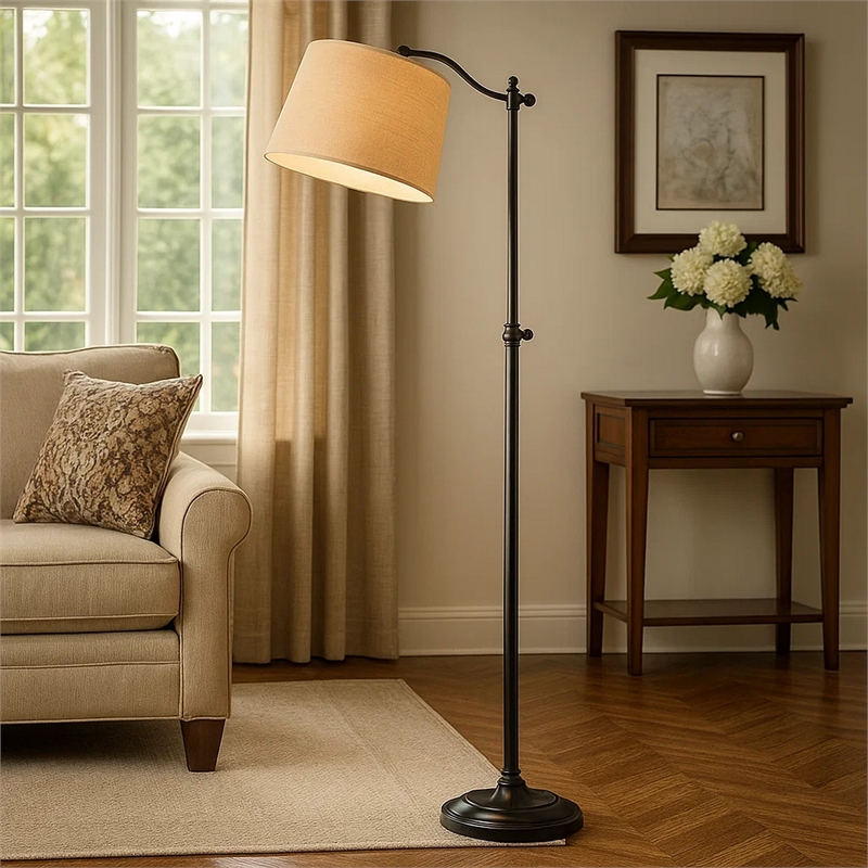Benjara 100 Watt Metal Down Bride Floor lamp w/ Fabric Tapered Drum Shade- Black