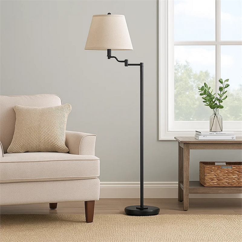 Benjara 3 Way Metal Body Floor Lamp with Swing Arm & Conical Fabric Shade- Black