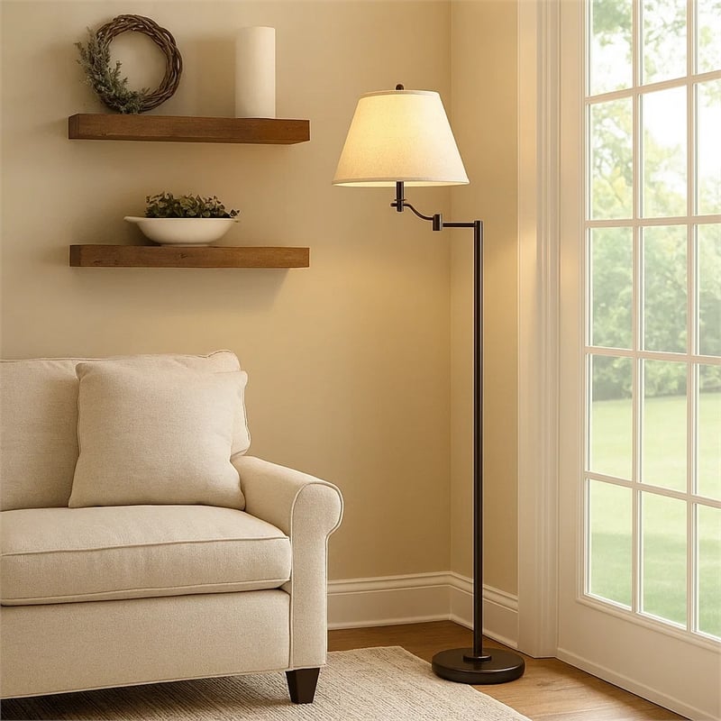 Benjara 3 Way Metal Body Floor Lamp with Swing Arm & Conical Fabric Shade- Black