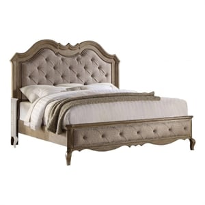 Benjara Button Tufted Fabric Eastern King Size Bed with Molded Details- Beige