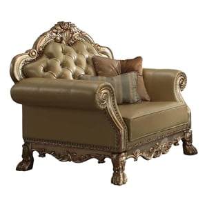 Benjara Traditional Button Tufted Leatherette Chair with Carved Details- Gold