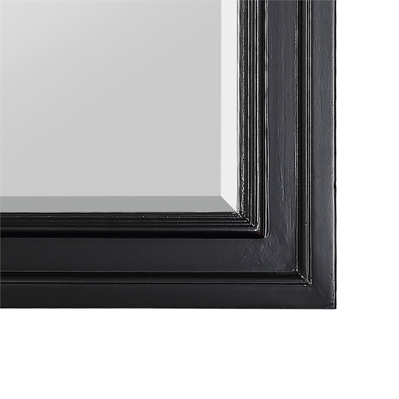Benjara Wooden Mirror with Raised Edges and Curved Top- Black