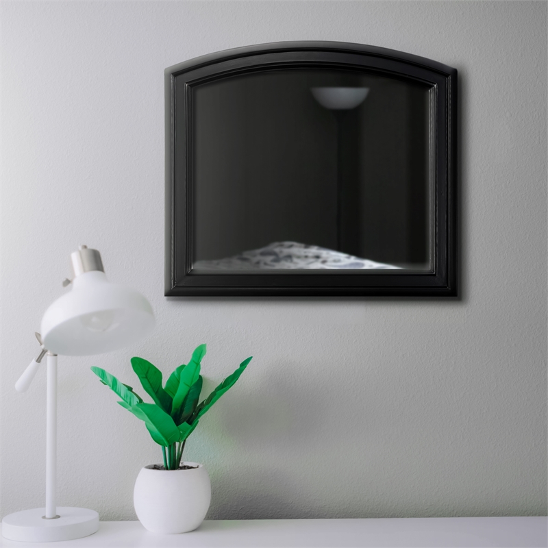Benjara Wooden Mirror with Raised Edges and Curved Top- Black