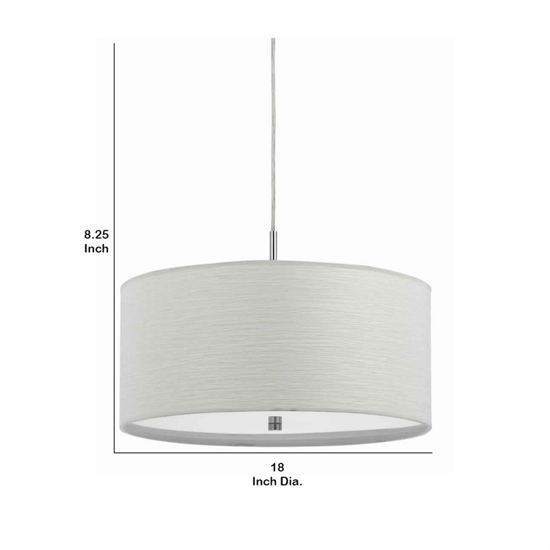 Benjara Drum Style Pendant Fixture with Fabric Shade and Brushed Details- White