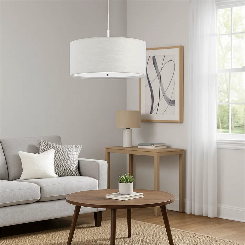 Benjara Drum Style Pendant Fixture with Fabric Shade and Brushed Details- White
