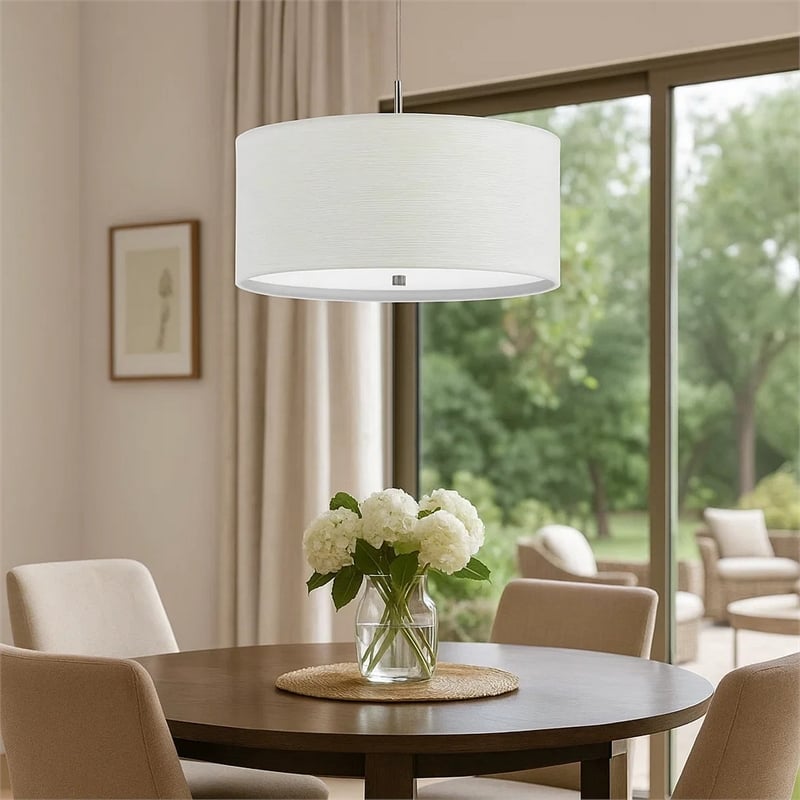 Benjara Drum Style Pendant Fixture with Fabric Shade and Brushed Details- White