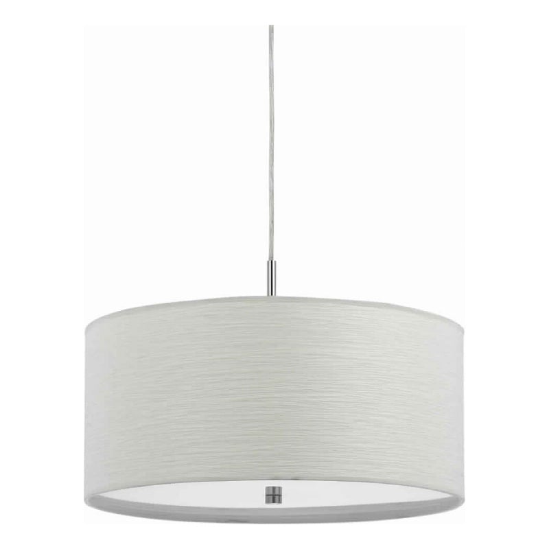Benjara Drum Style Pendant Fixture with Fabric Shade and Brushed Details- White