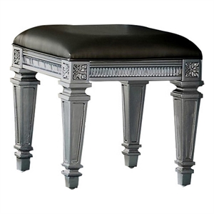 Benjara Wooden Vanity Stool wit Leatherette Seat and Faux Crystal Accents- Gray