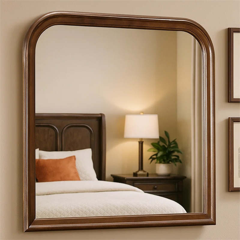 Benjara Arched Molded Design Wooden Frame Mirror- Cherry Brown and Silver