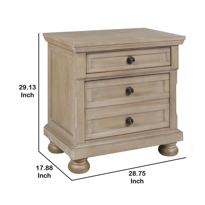 Benjara 3 Drawer Wooden NightStand with Round Knobs & Bun Feet- Weathered Brown