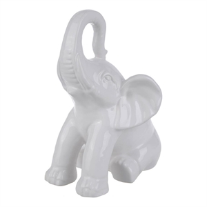 Benjara Ceramic Baby Elephant Figurine with Raised Trunk- White
