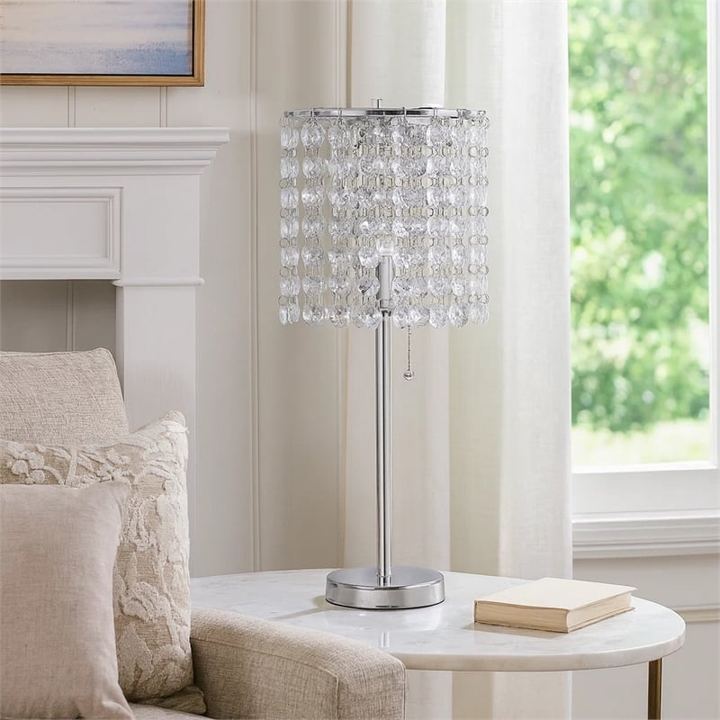 Benjara Chandelier Crystal Accented Table Lamp with Tubular Frame-Chrome & Clear