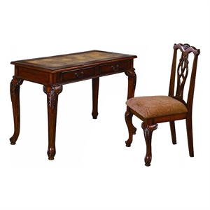 Benjara 2 Piece Wooden Desk and Chair Set with Cabriole Legs Support- Brown