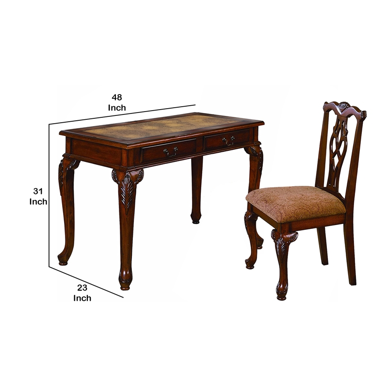 Benjara 2 Piece Wooden Desk and Chair Set with Cabriole Legs Support- Brown