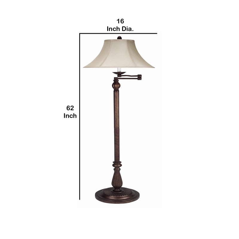 Benjara Swing Arm Metal Body Floor Lamp with Fabric Bell Shade- Bronze and Beige