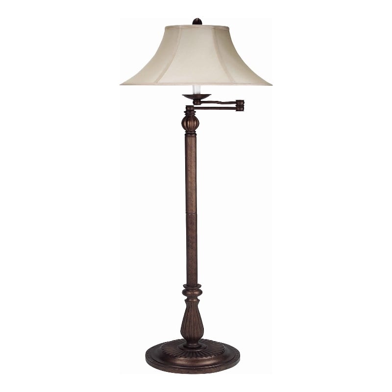 Benjara Swing Arm Metal Body Floor Lamp with Fabric Bell Shade- Bronze and Beige
