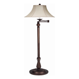 Benjara Swing Arm Metal Body Floor Lamp with Fabric Bell Shade- Bronze and Beige