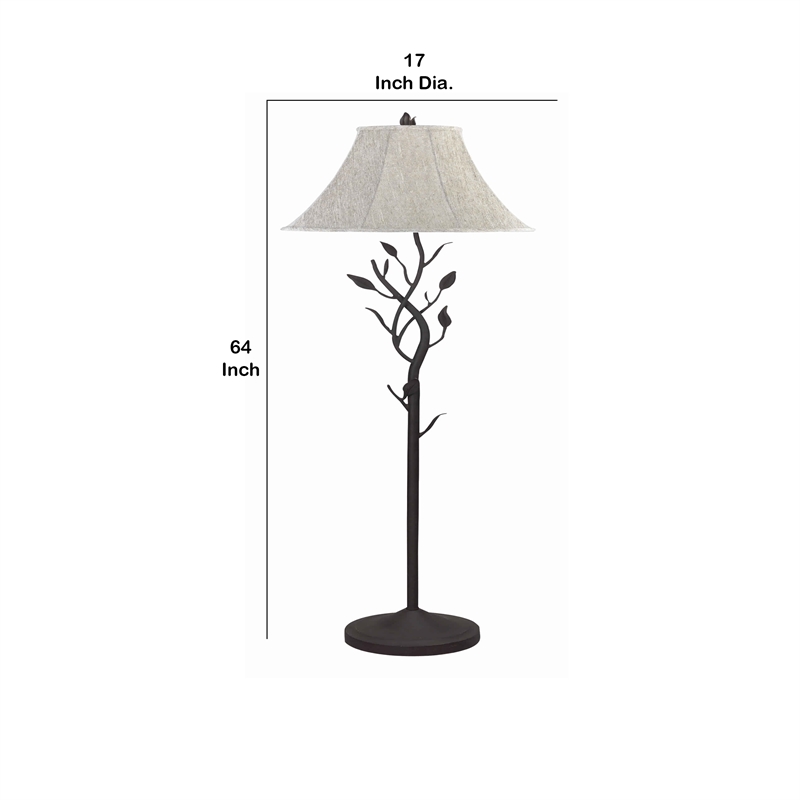 Benjara Metal Floor Lamp with Leaf Accent Body & Fabric Bell Shade-Black & Gray