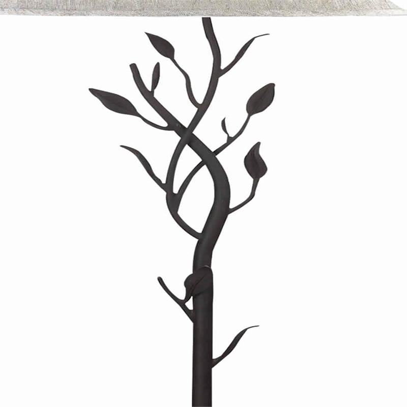 Benjara Metal Floor Lamp with Leaf Accent Body & Fabric Bell Shade-Black & Gray