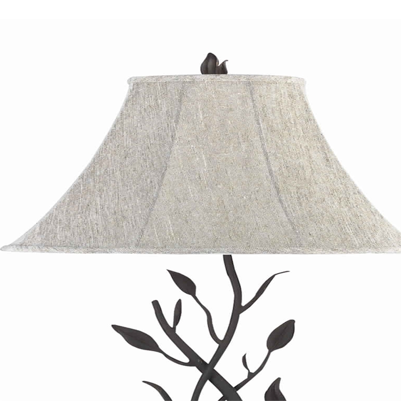 Benjara Metal Floor Lamp with Leaf Accent Body & Fabric Bell Shade-Black & Gray