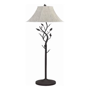 Benjara Metal Floor Lamp with Leaf Accent Body & Fabric Bell Shade-Black & Gray