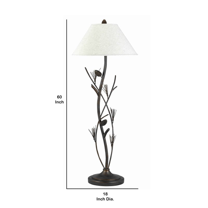 Benjara Pine Twig Accent Metal Body Floor Lamp with Conical Shade- Bronze/White