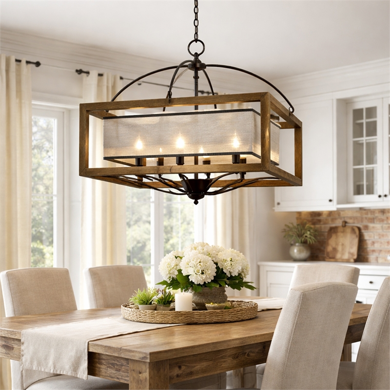 Benjara 6 Bulb Square Chandelier with Wooden Frame & Organza Striped Shade-Brown