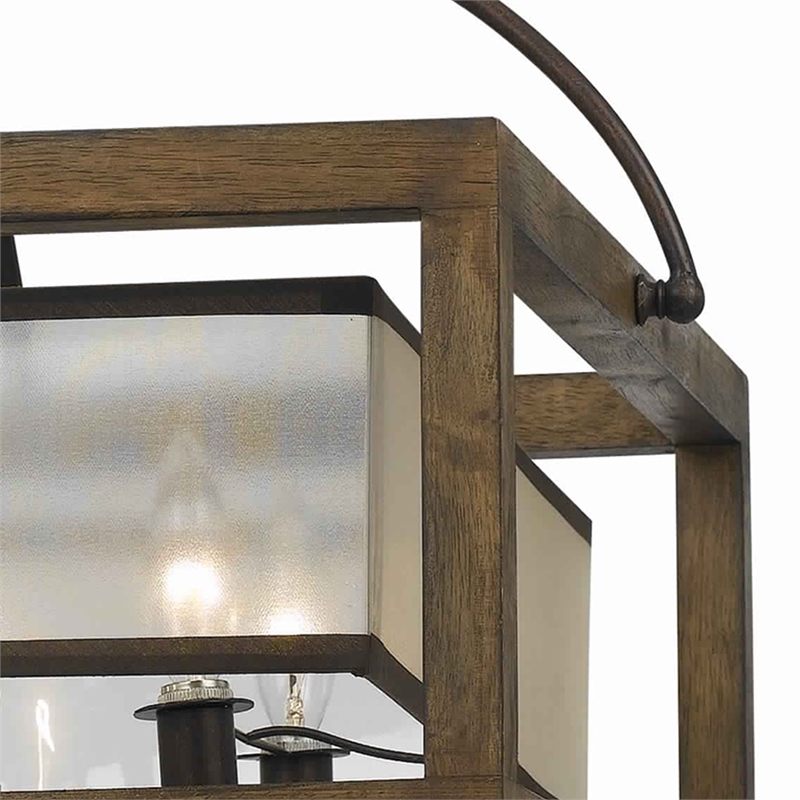 Benjara 6 Bulb Square Chandelier with Wooden Frame & Organza Striped Shade-Brown