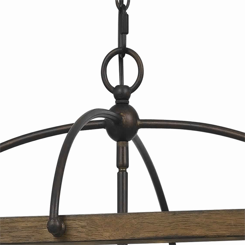 Benjara 6 Bulb Square Chandelier with Wooden Frame & Organza Striped Shade-Brown
