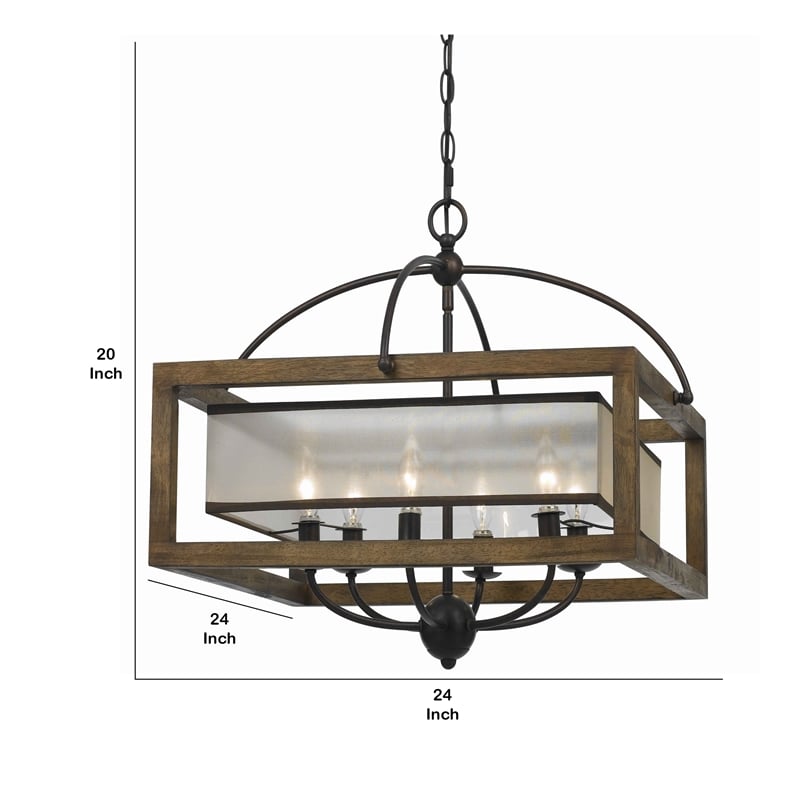 Benjara 6 Bulb Square Chandelier with Wooden Frame & Organza Striped Shade-Brown