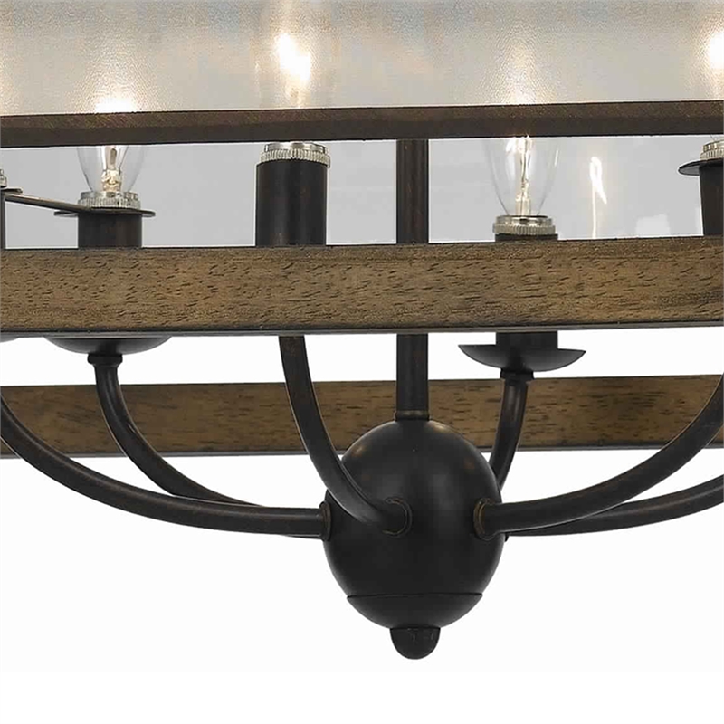 Benjara 6 Bulb Square Chandelier with Wooden Frame & Organza Striped Shade-Brown