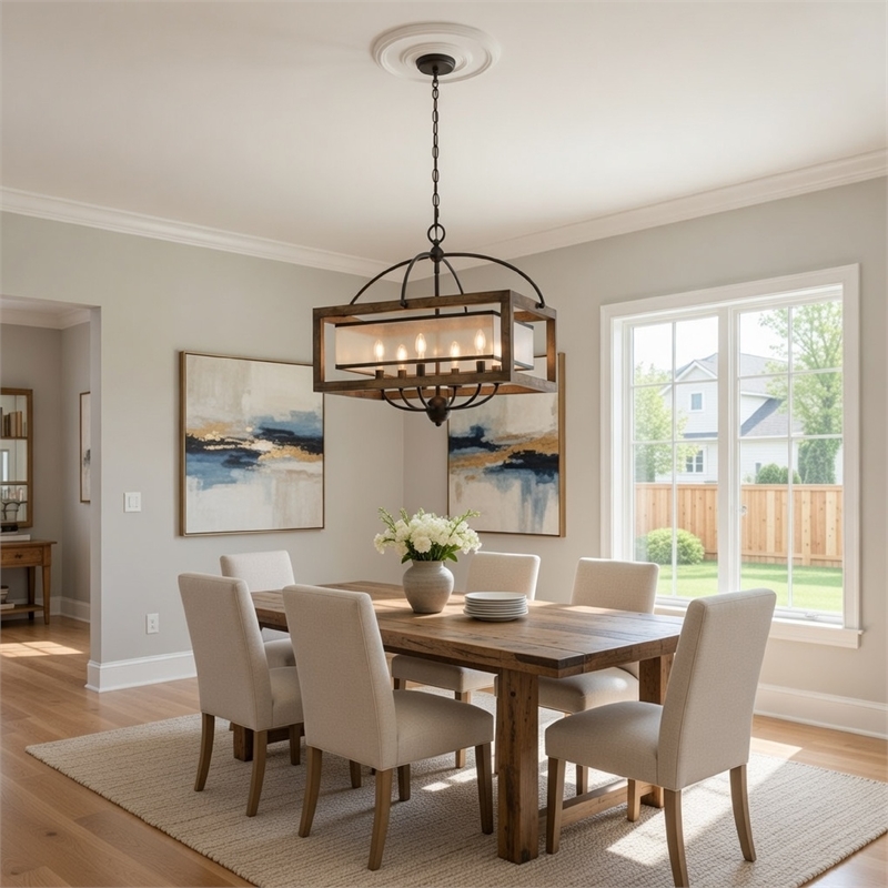 Benjara 6 Bulb Square Chandelier with Wooden Frame & Organza Striped Shade-Brown
