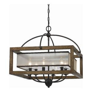 Benjara 6 Bulb Square Chandelier with Wooden Frame & Organza Striped Shade-Brown