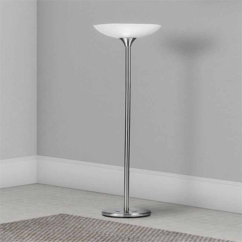 Benjara 3 Way Torchiere Floor Lamp with Frosted Glass shade & Stable Base- White