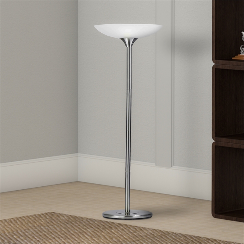 Benjara 3 Way Torchiere Floor Lamp with Frosted Glass shade & Stable Base- White