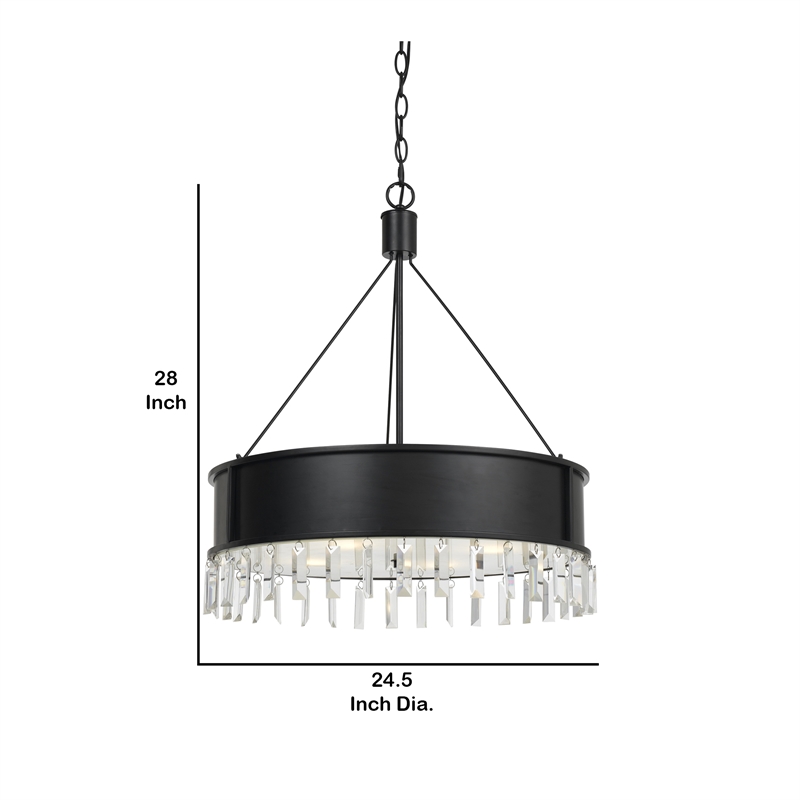 Benjara 4 Bulb Round Metal Body Chandelier with Hanging Crystal Accents- Black