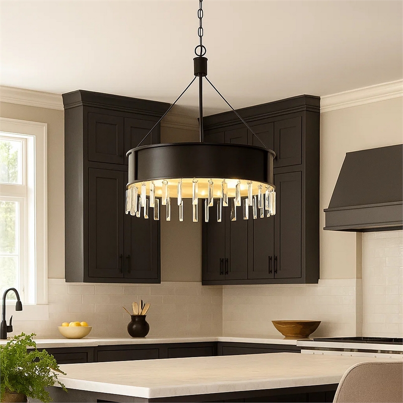 Benjara 4 Bulb Round Metal Body Chandelier with Hanging Crystal Accents- Black
