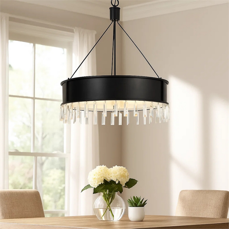 Benjara 4 Bulb Round Metal Body Chandelier with Hanging Crystal Accents- Black