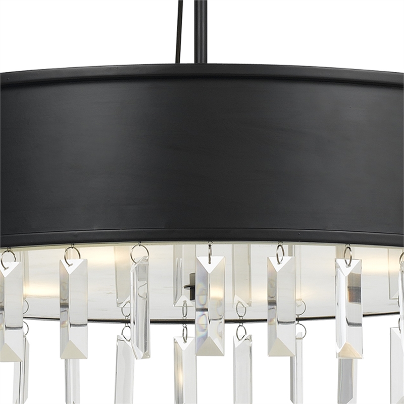 Benjara 4 Bulb Round Metal Body Chandelier with Hanging Crystal Accents- Black