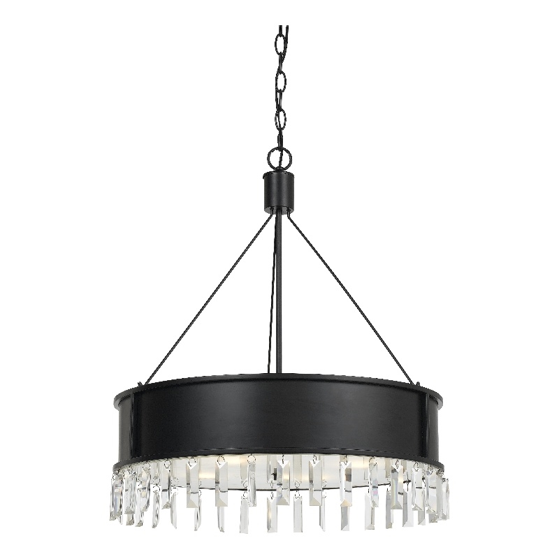 Benjara 4 Bulb Round Metal Body Chandelier with Hanging Crystal Accents- Black