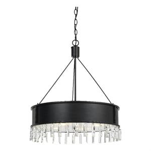 Benjara 4 Bulb Round Metal Body Chandelier with Hanging Crystal Accents- Black