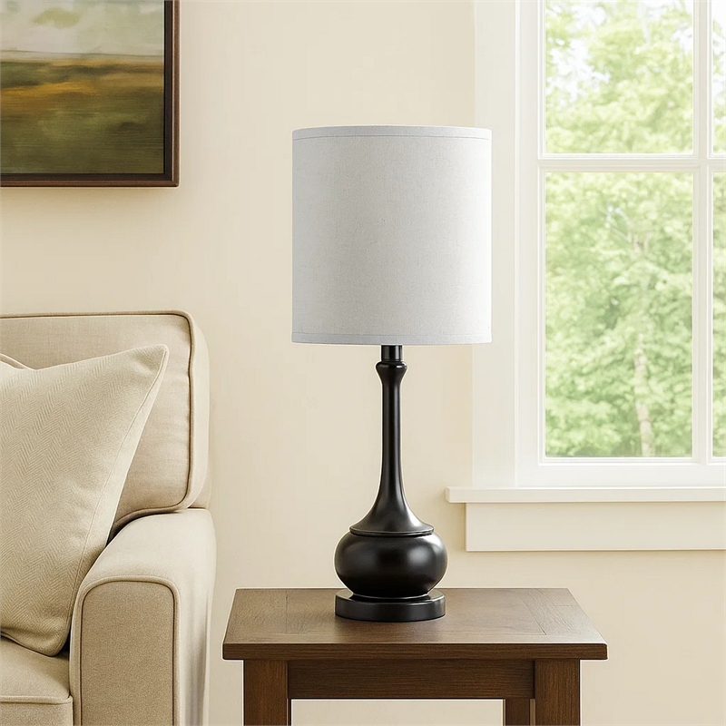 Benjara Elongated Bellied Shape Metal Accent Lamp with Drum Shade- Black