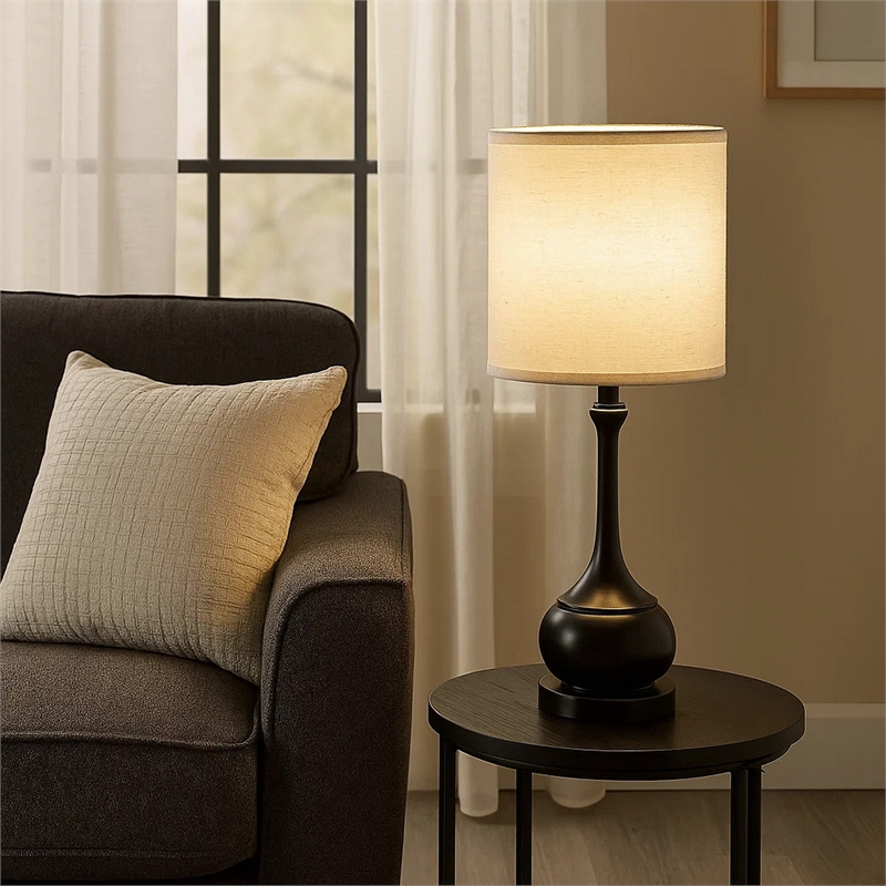 Benjara Elongated Bellied Shape Metal Accent Lamp with Drum Shade- Black
