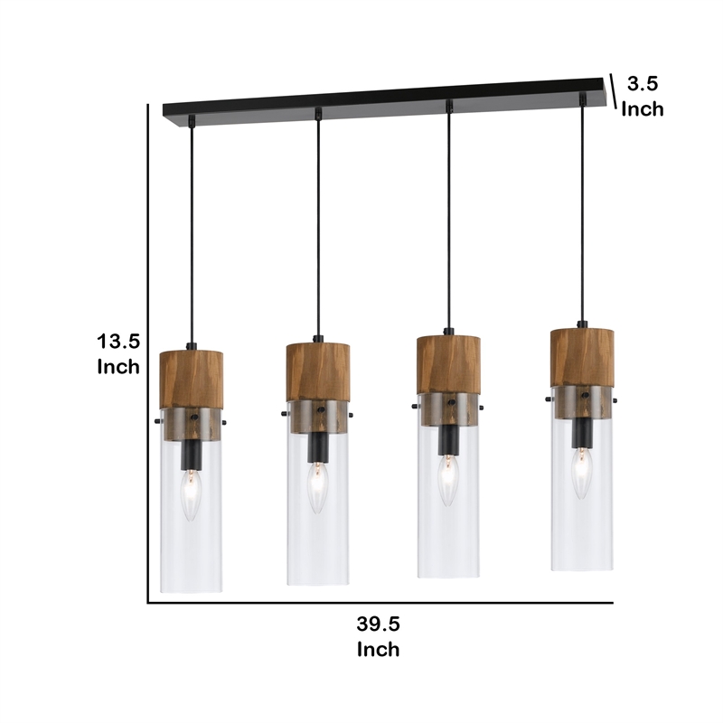 Benjara 60 X 4 Watt Wood & Metal Fixture with Cylindrical Shades- Brown & Black
