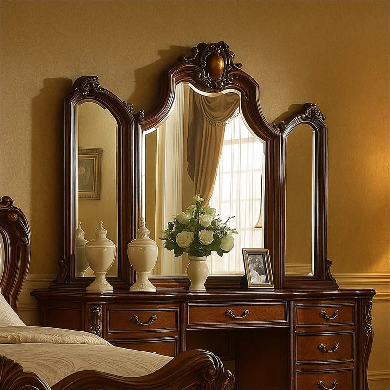 Benjara Wooden Frame Mirror with Arched Design and Carved Details- Brown