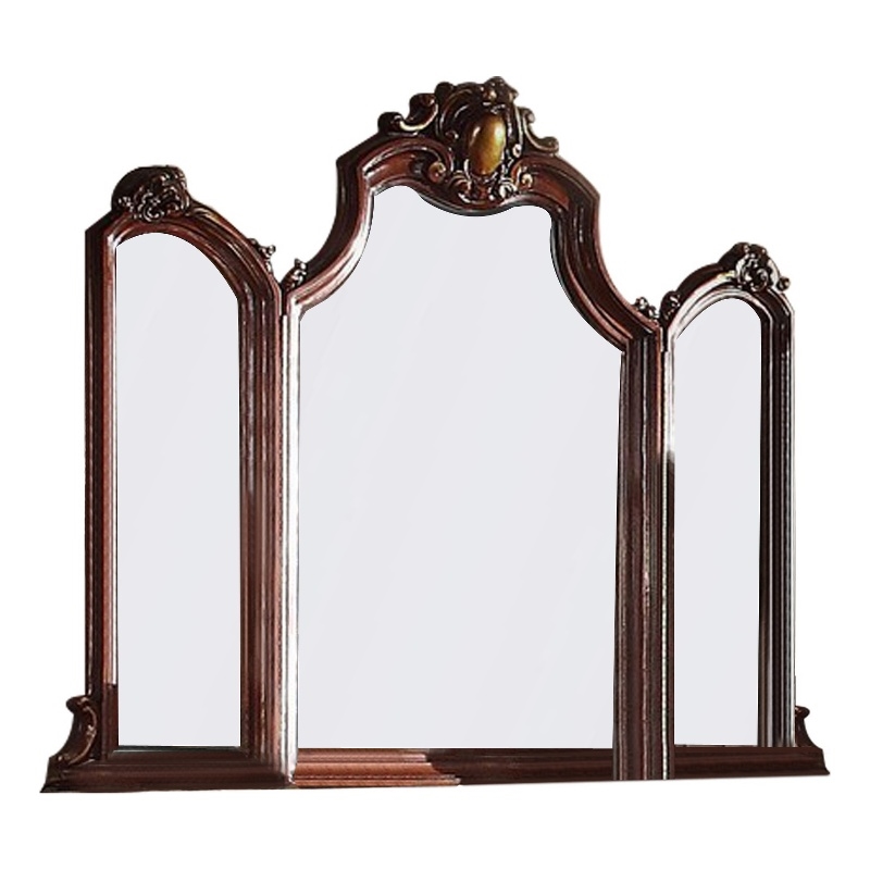 Benjara Wooden Frame Mirror with Arched Design and Carved Details- Brown