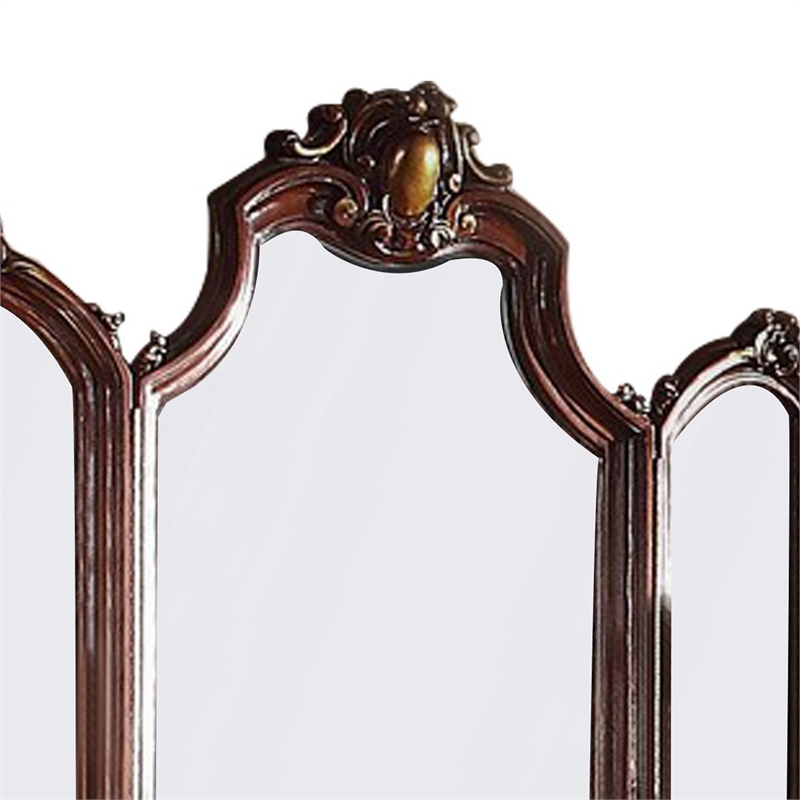 Benjara Wooden Frame Mirror with Arched Design and Carved Details- Brown